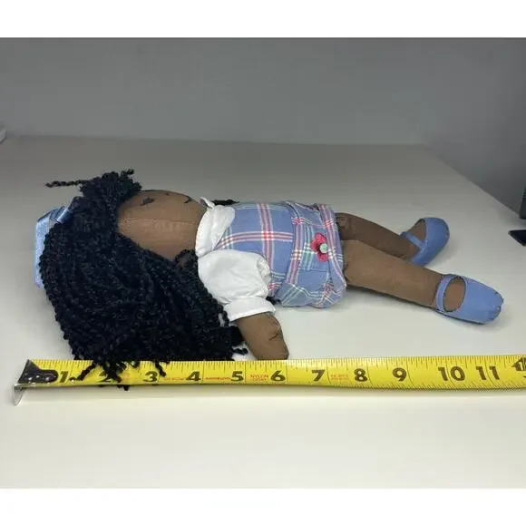 Vintage Baby Gap Girl Doll Black Yarn Hair Blue Denim Dress Flower - No Tags